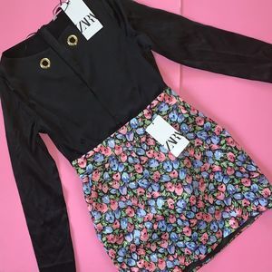 Zara S TEDDY BODYSUIT ONE-PIECE+mini SKIRT Black green pink blue flowers SATIN